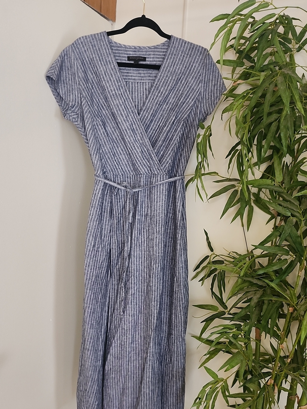 Banana Republic Blue and White Striped Wrap-Style Dress